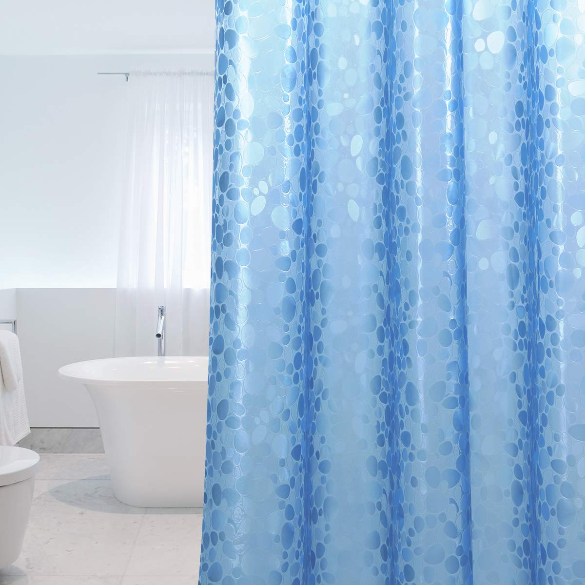 WELTRXE EVA Shower Curtain Liner - 72x72 Inch 3D Blue Pebble Design, Clear Plastic Bathroom Shower Liner with Weighted Magnets & 12 Hooks, 8G Thick Heavy Duty Waterproof Shower Curtain for Shower Stall or Bathtub - Perfect for Modern Bathrooms & Spa-Like Showers