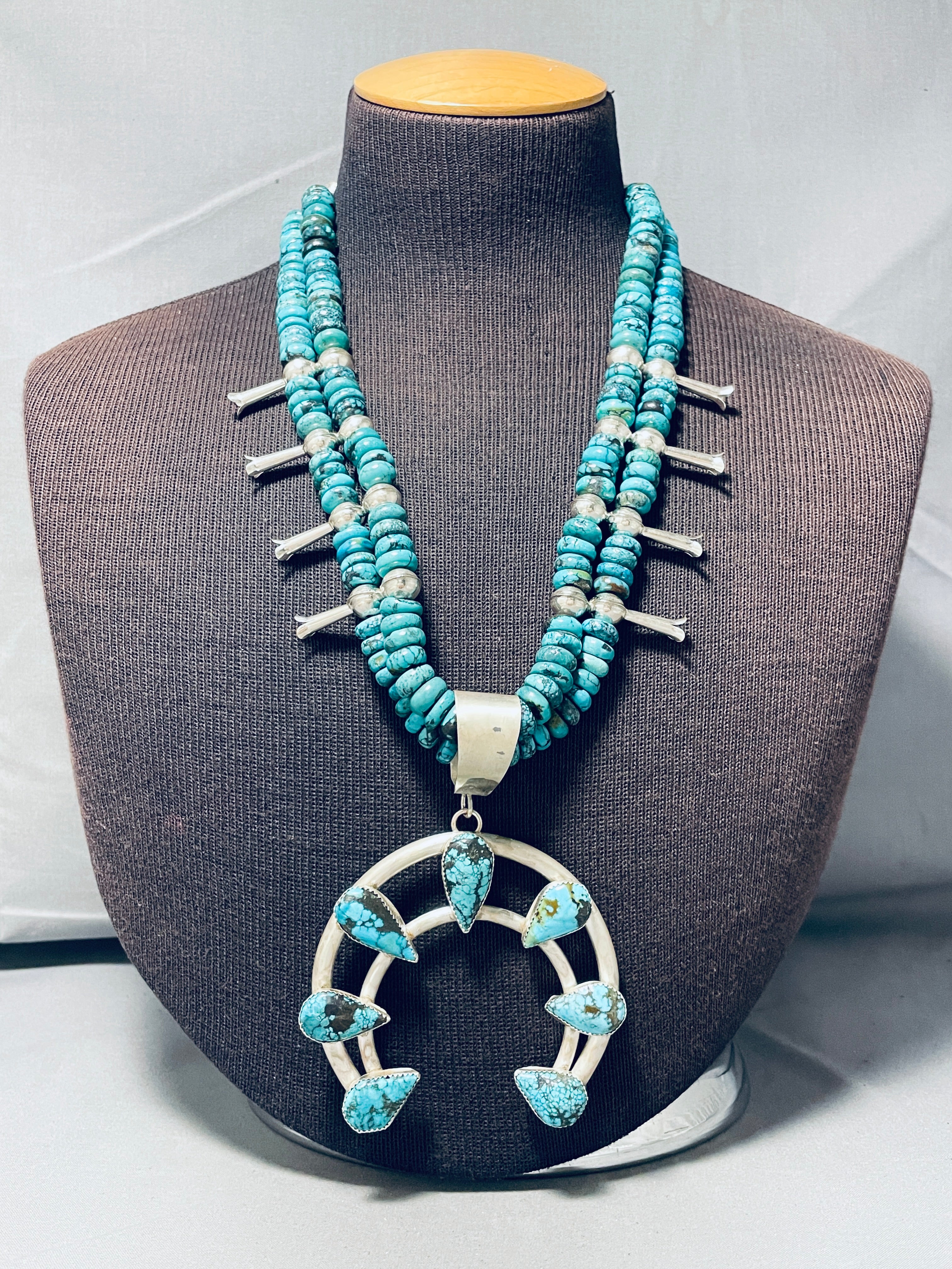 Authentic Navajo Turquoise Sterling Silver Squash Blossom Necklace - 198g Handcrafted Native American Jewelry for Women, Perfect for Boho Fashion, Weddings & Special Occasions
