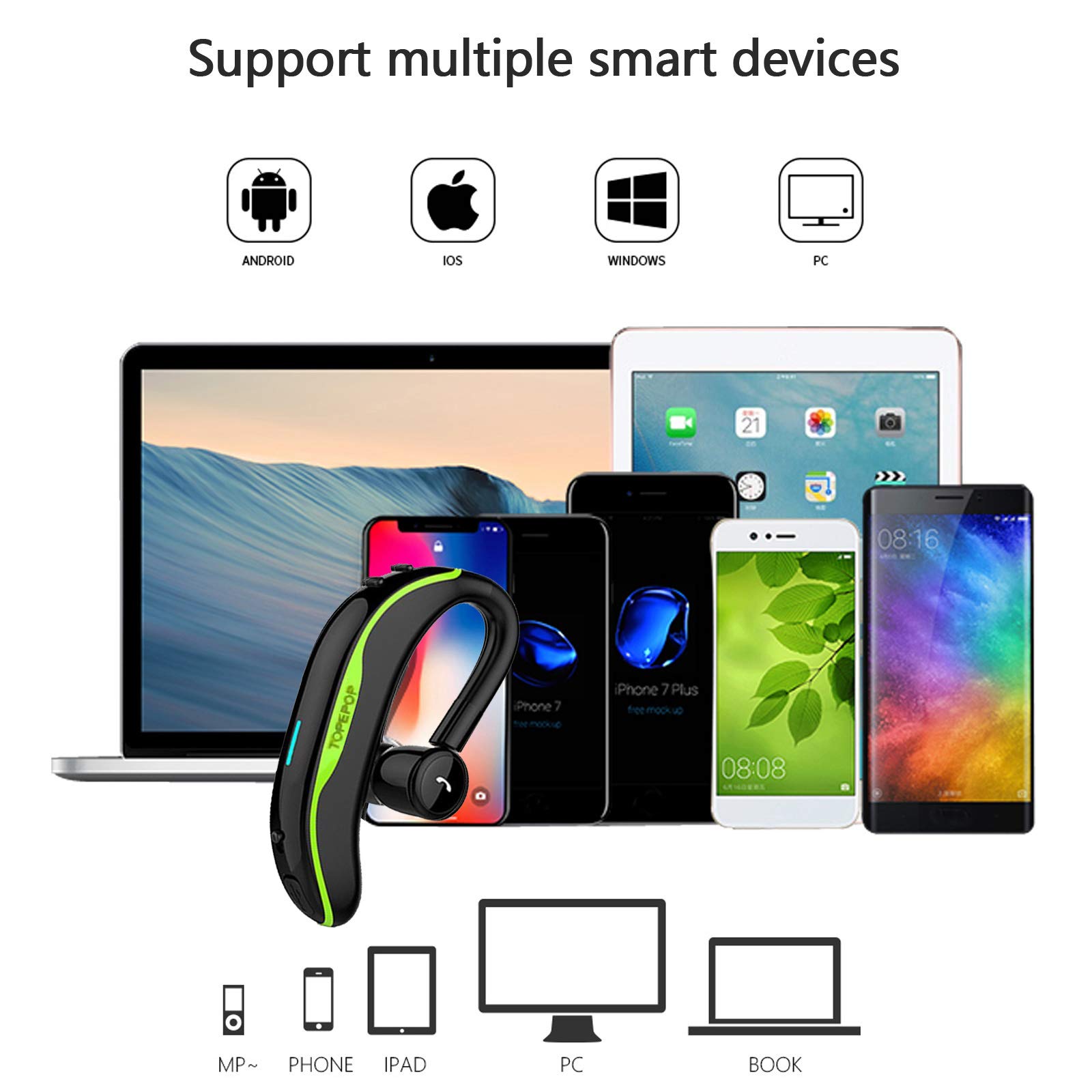 Wireless Bluetooth Earbuds with Noise Cancellation, Hands-Free Calling Headset for iPhone & Android, Long Battery Life Earphones for Business, Office, Driving - Comfortable for Men & Women (Green) | Perfect for Commuting, Work Calls & Online Meetings