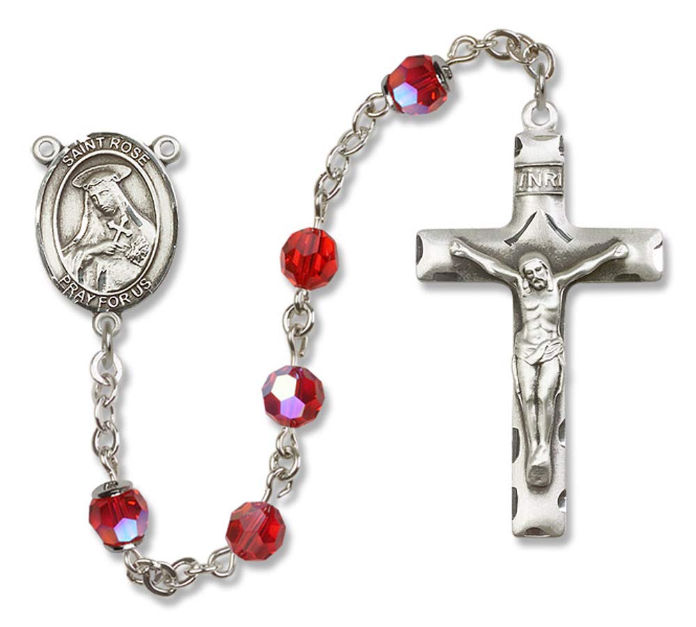 Sterling Silver Rosary with Ruby & 6mm Swarovski Austrian Crystal Beads - St. Rose of Lima Patron Saint of Vanity & South America - Perfect for Prayer, Meditation & Catholic Gifts