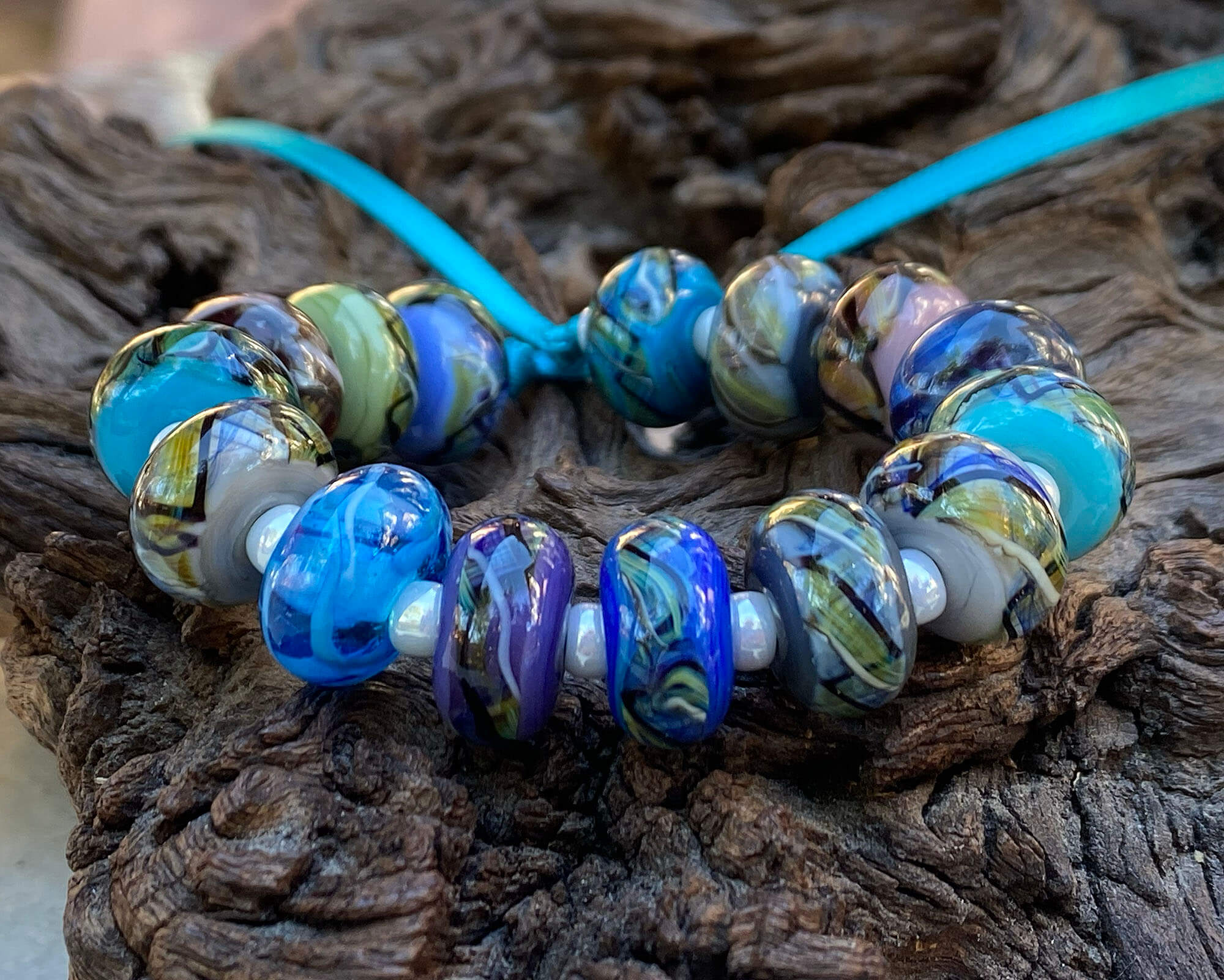 15 Blue Plaid Striations Lampwork Glass Beads Set for Jewelry Making - DIY Bracelets, Necklaces & Craft Projects - SRA Certified