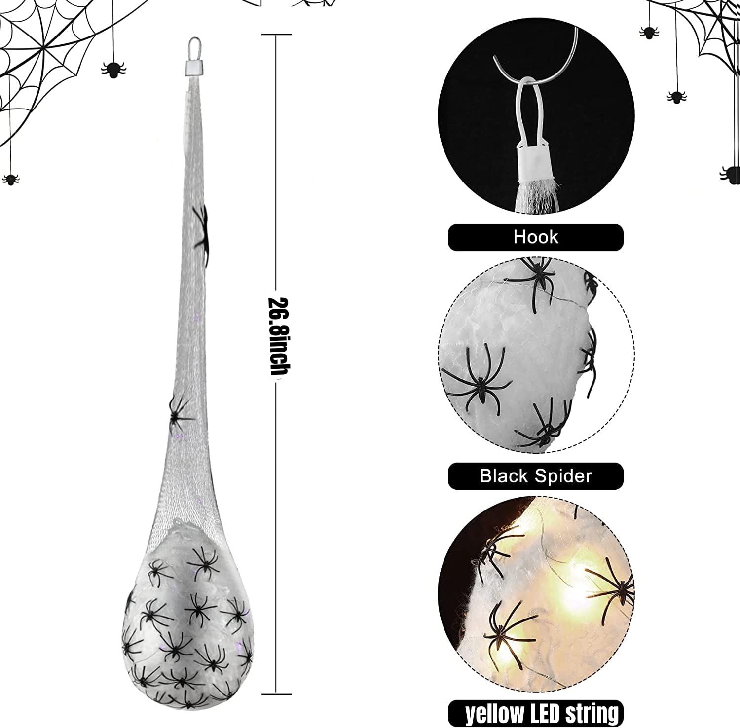 3Pcs Halloween Spider Light-up Hanging Decorations - Scary Glow in the Dark Spider Egg Sacks for Indoor Outdoor Home, Yard, Tree & Party Decor - Perfect for Halloween Night, Haunted House & Spooky Themed Events