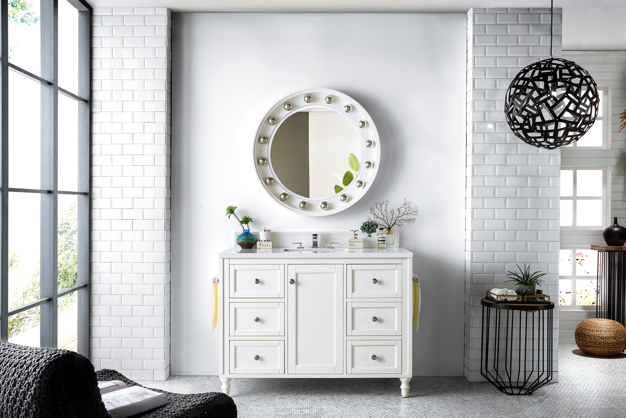 Copper Cove Encore 48 Inch Single Bathroom Vanity Set with Eternal Jasmine Pearl Quartz Top - Bright White Finish - Perfect for Modern Master Bathrooms and Powder Rooms