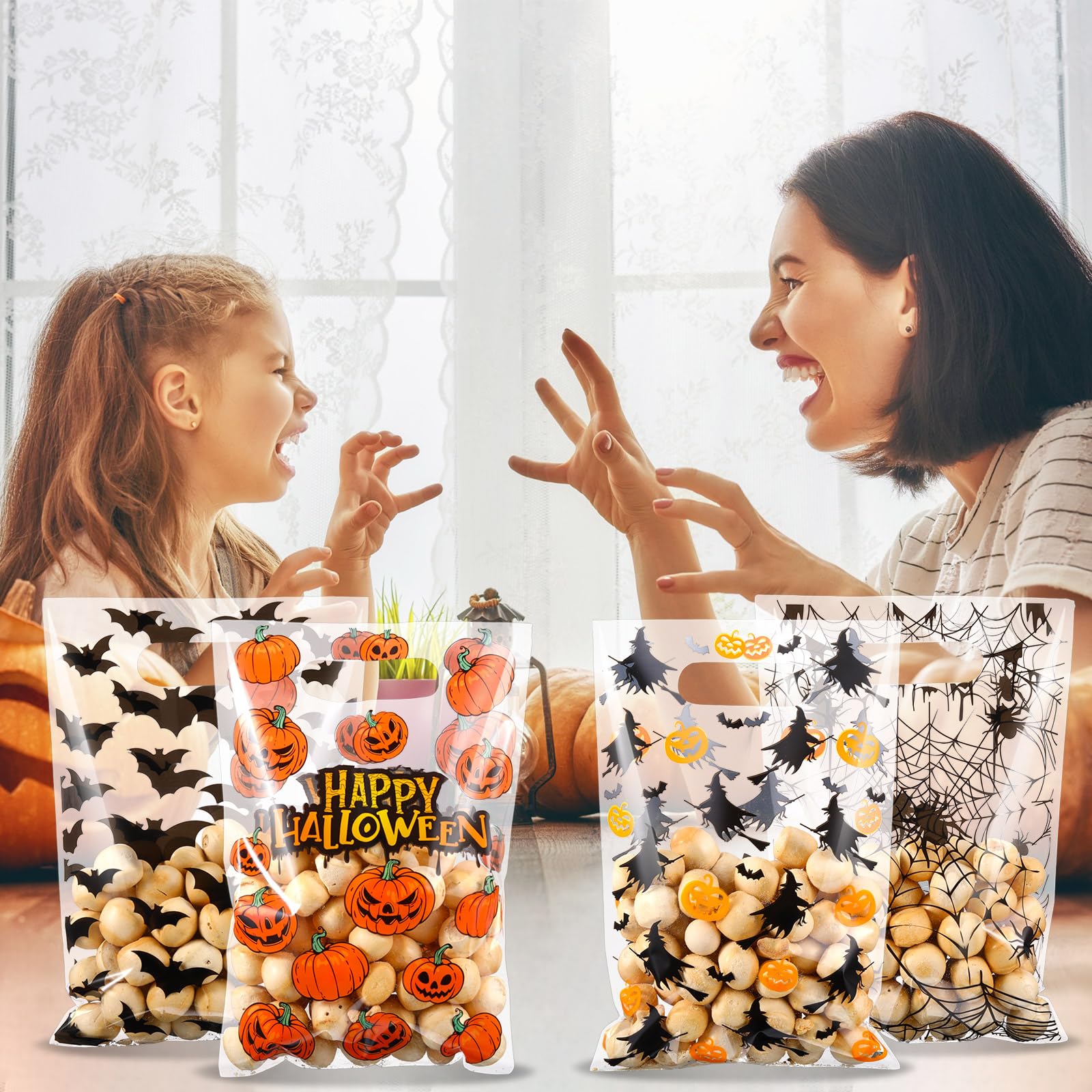 100 Pcs Halloween Treat Bags - Clear Plastic Goodie Bags with Handles for Candy, Pumpkin & Ghost Design - Perfect for Kids Halloween Party Favors, Trick or Treat, Classroom Treats & Birthday Party Supplies