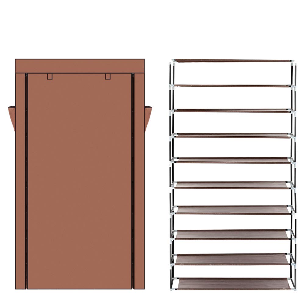 10-Tier Shoe Rack Organizer with Dustproof Cover - Free Standing Shoe Storage Cabinet for Closet & Entryway - Holds 40 Pairs of Shoes for Sneakers, Boots & High Heels - Space Saving Home Organization Solution for Bedroom, Hallway & Dorm Room (Coffee Brown)