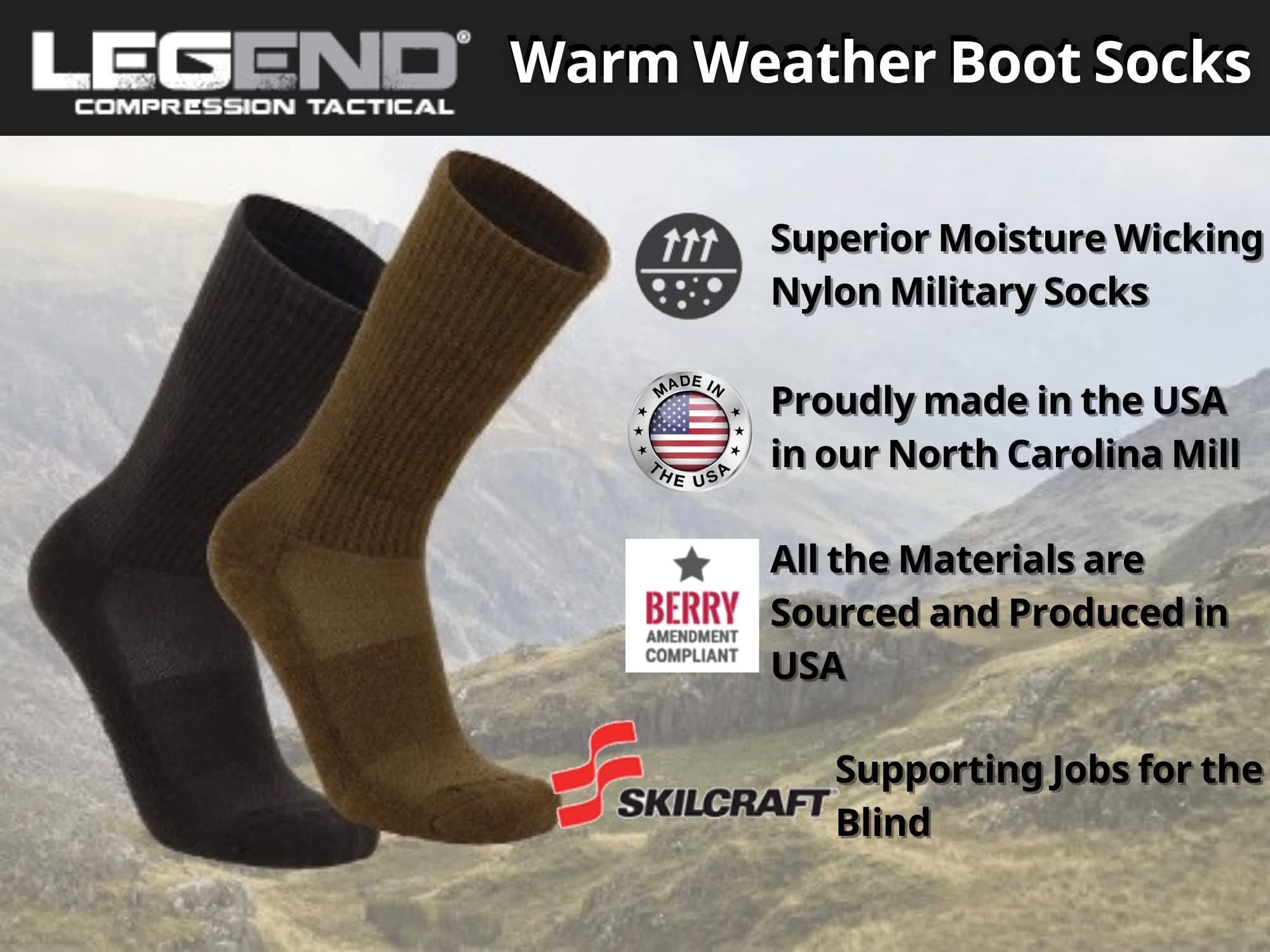 LEGEND Compression Tactical Socks - Moisture Wicking Military Boot Socks for Men & Women - Mid Calf Nylon Socks for Warm Weather - Ideal for Hiking, Running & Outdoor Activities