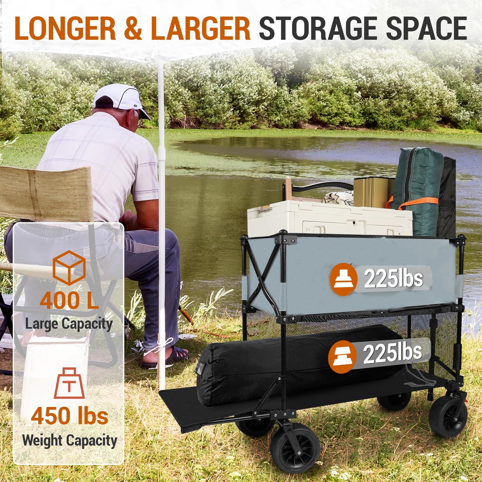 **Heavy Duty Double Decker Folding Wagon Cart with Large Wheels & Brakes – Portable Utility Cart for Beach, Camping, Groceries, and Outdoor Adventures**    *(Perfect for picnics, tailgating, farmers markets, and hauling gear to the beach or campsite!)*