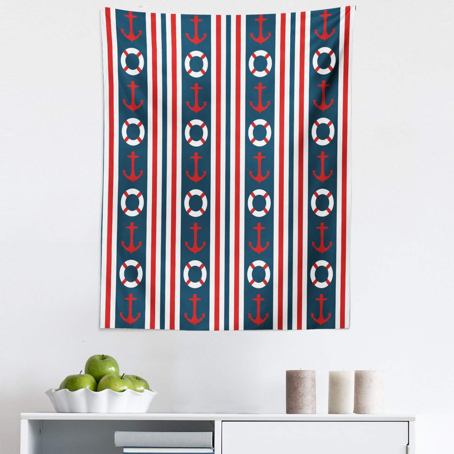 Nautical Striped Tapestry Wall Hanging - Maritime Anchor & Steering Wheel Design - 23x28 Inch Blue Red White Fabric Decor for Bedroom, Living Room, Dorm - Perfect for Coastal Theme Home Decor & Beach House Style