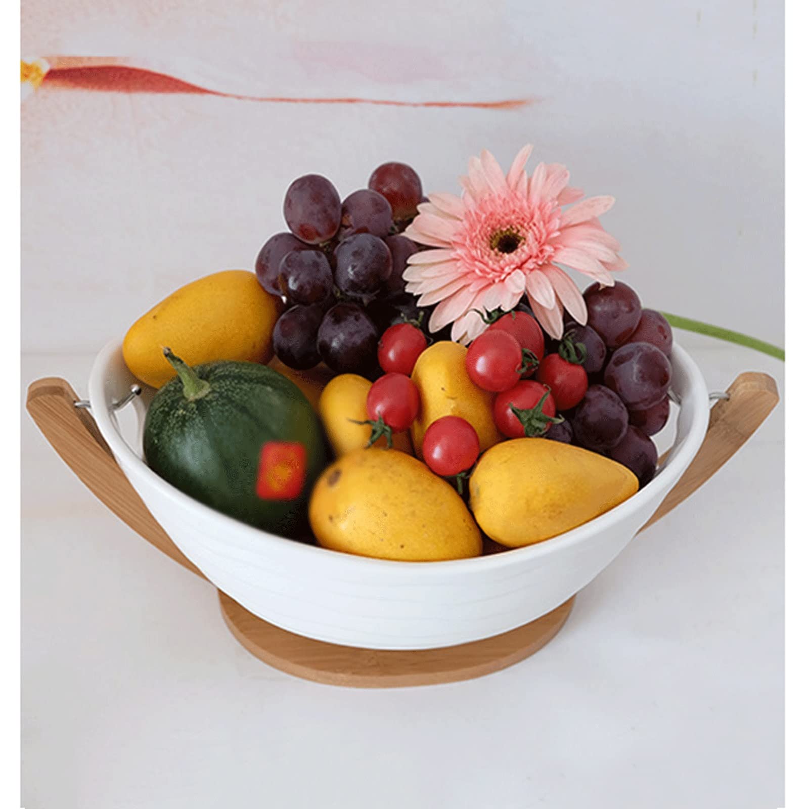 Stylish Wood Base Ceramic Fruit Bowl Set - Elegant Dessert Plate & Fruit Dish Organizer for Home Decor, Party Serving, Family Dinner & Kitchen Accessories | Perfect for Entertaining Guests & Daily Fruit Display