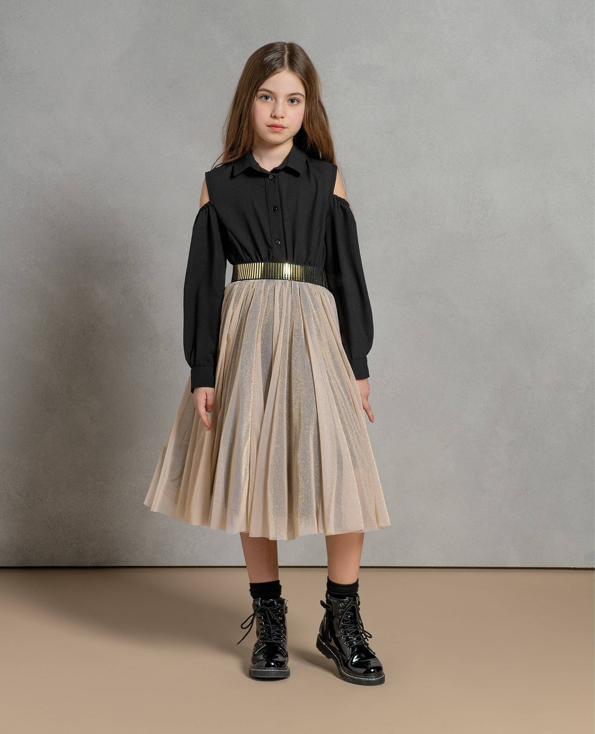 Fracomina Gold and Black Two-Piece Dress for Tweens and Teens | Elegant Party Outfit for Special Occasions