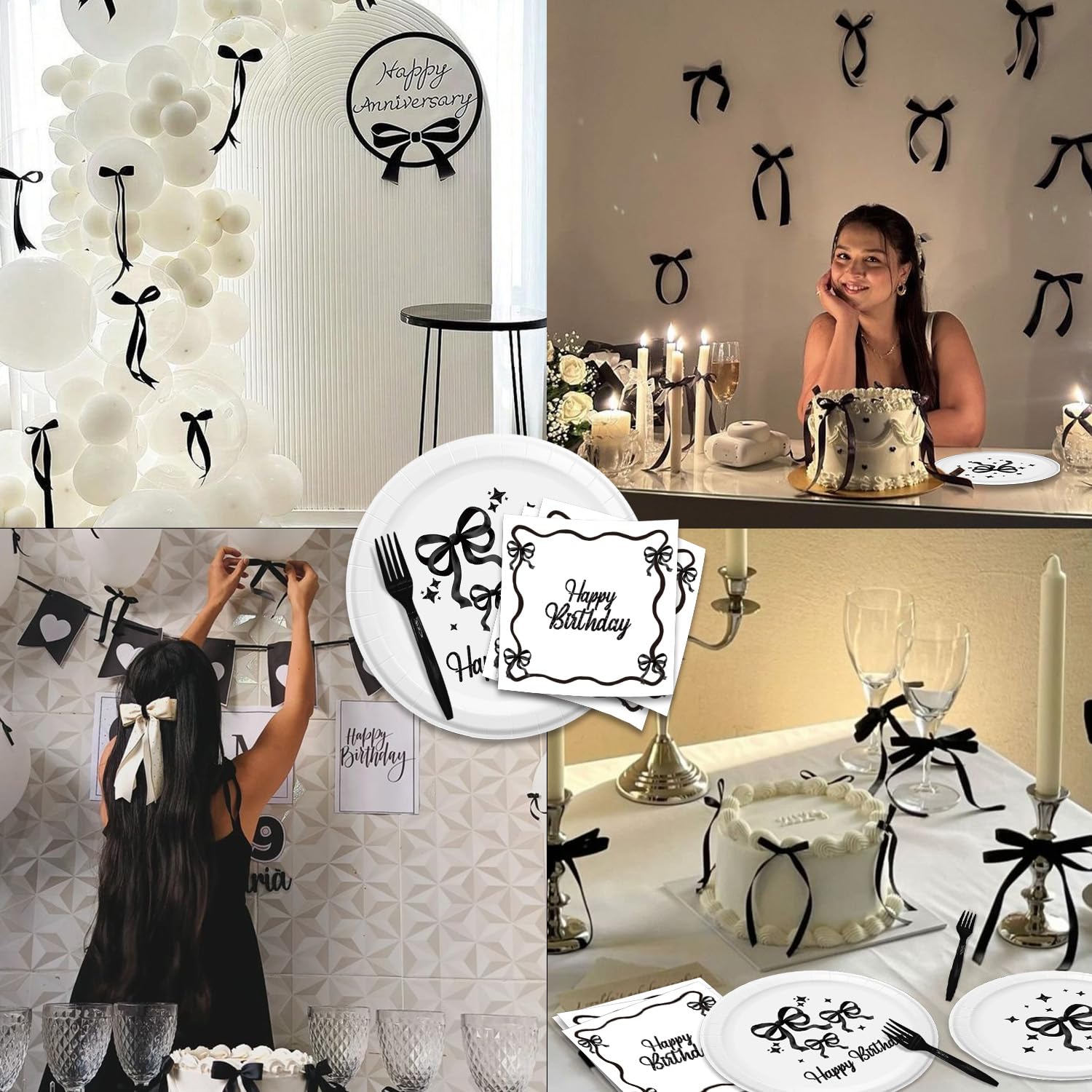 96Pcs Black Bow Birthday Party Supplies Set - Includes Napkins, Plates & Forks - Elegant Black Bow Themed Tableware for Girls Birthday Party Decorations | Perfect for Birthday Celebrations, Baby Showers & Themed Events
