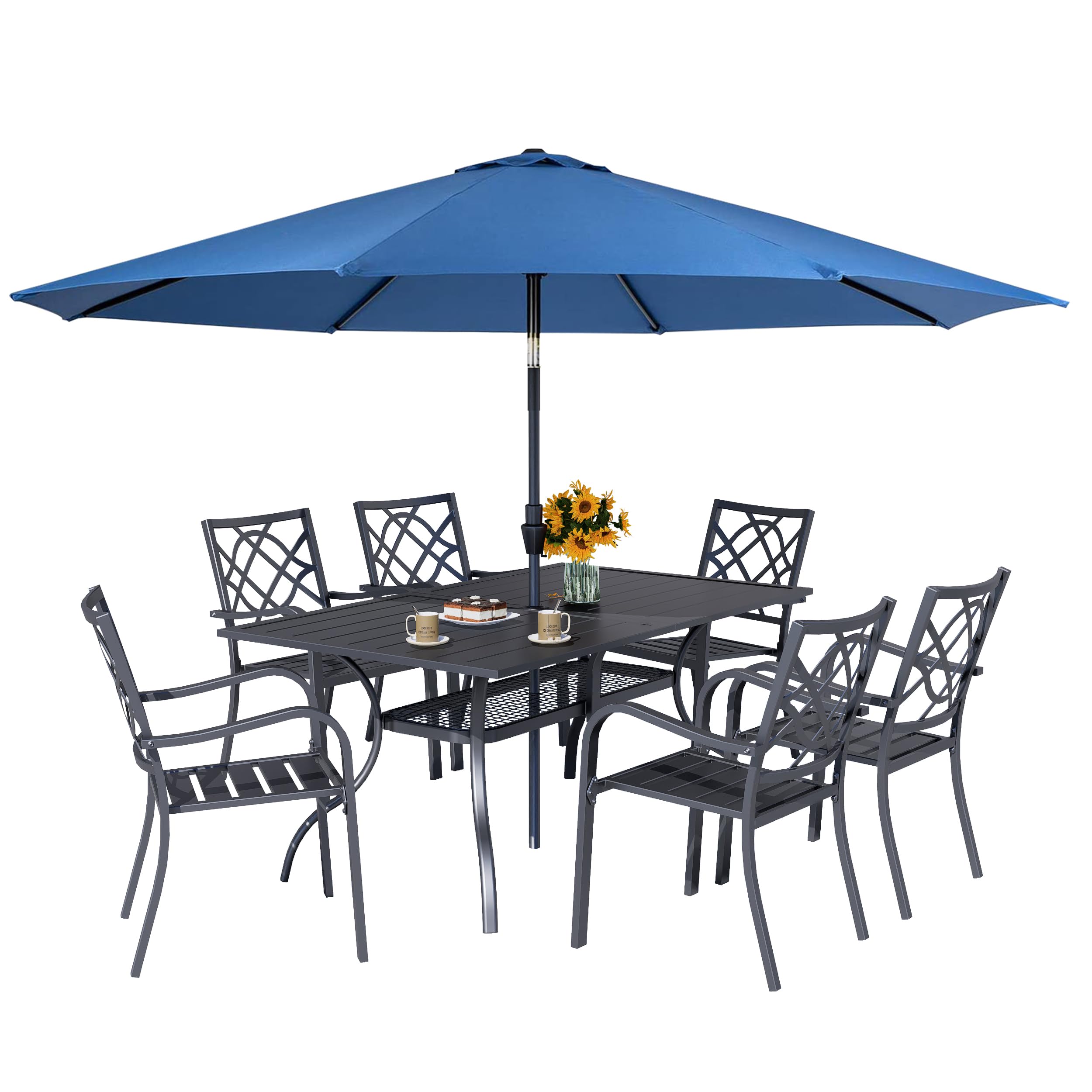 Oakcloud 7-Piece Outdoor Dining Set with Dark Blue Umbrella - Metal Patio Furniture with 6 Stackable Chairs & Rectangle Table (Umbrella Hole Included) - Perfect for Backyard BBQs, Poolside Gatherings & Garden Entertaining