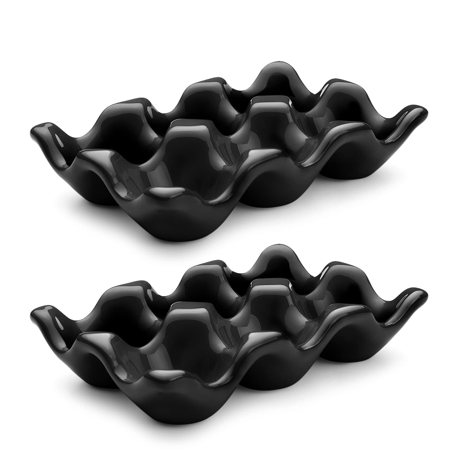 Flexzion 6-Egg Capacity Ceramic Egg Holder - Black Porcelain Egg Crate for Refrigerator & Countertop Display - Decorative Serving Dish & Kitchen Storage Organizer (2 Pack) - Perfect for Breakfast Buffets, Brunch Parties & Farmhouse Style Kitchens