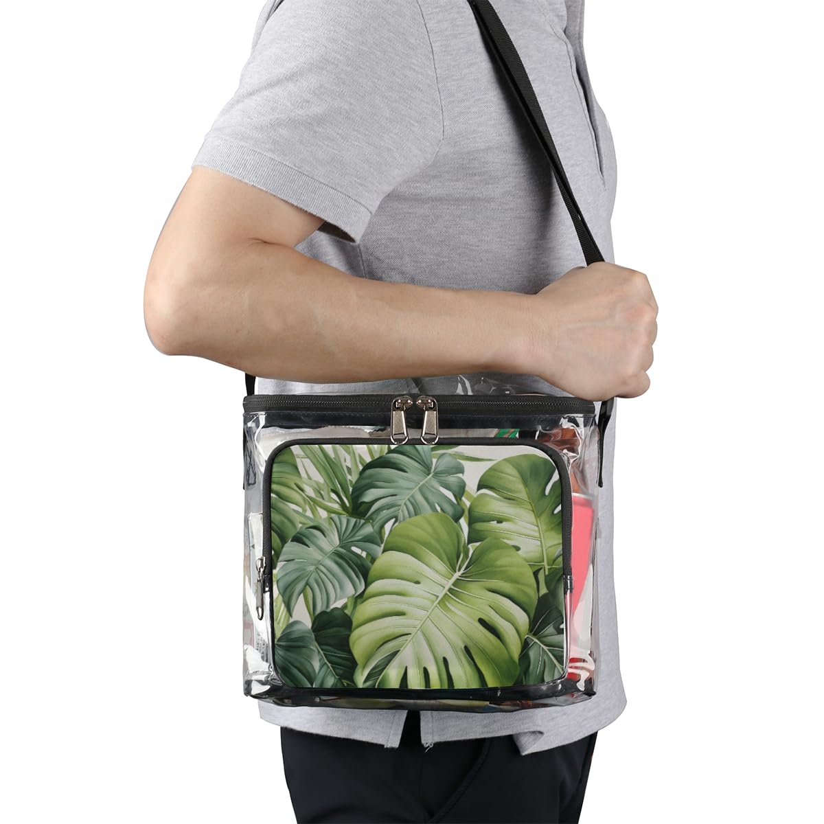 GzLeyigou Clear Tote Bag with Tropical Palm Leaves Design - Transparent Crossbody Shoulder Bag for Women, Lunch Bag for Outdoor, Travel, Picnic, Concerts & Sports Events (Stadium Approved) - Perfect for Beach Vacation, Music Festivals and Shopping