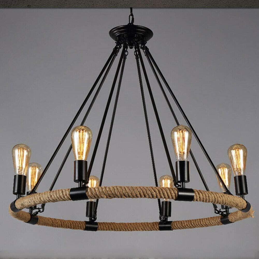 6/8-Light Metal Island Pendant Light - Rustic Industrial Ceiling Lamp with Hemp Rope, Round Retro Chandelier for Living Room, Bedroom, Kitchen & Bar - Perfect for Farmhouse, Loft and Industrial Style Decor