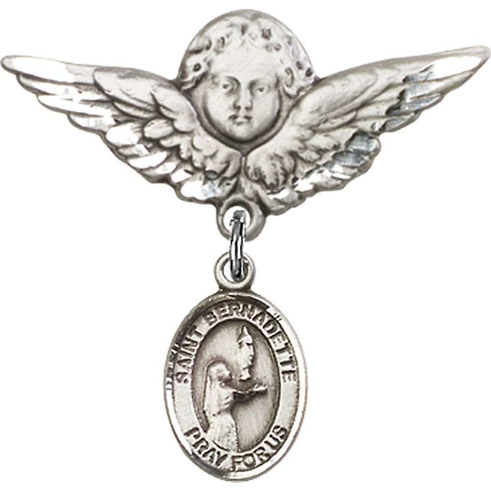 St. Bernadette Sterling Silver Baby Badge with Angel Wing Charm - 1 1/8 Inch Religious Pin for Christening, Baptism & First Communion Gifts