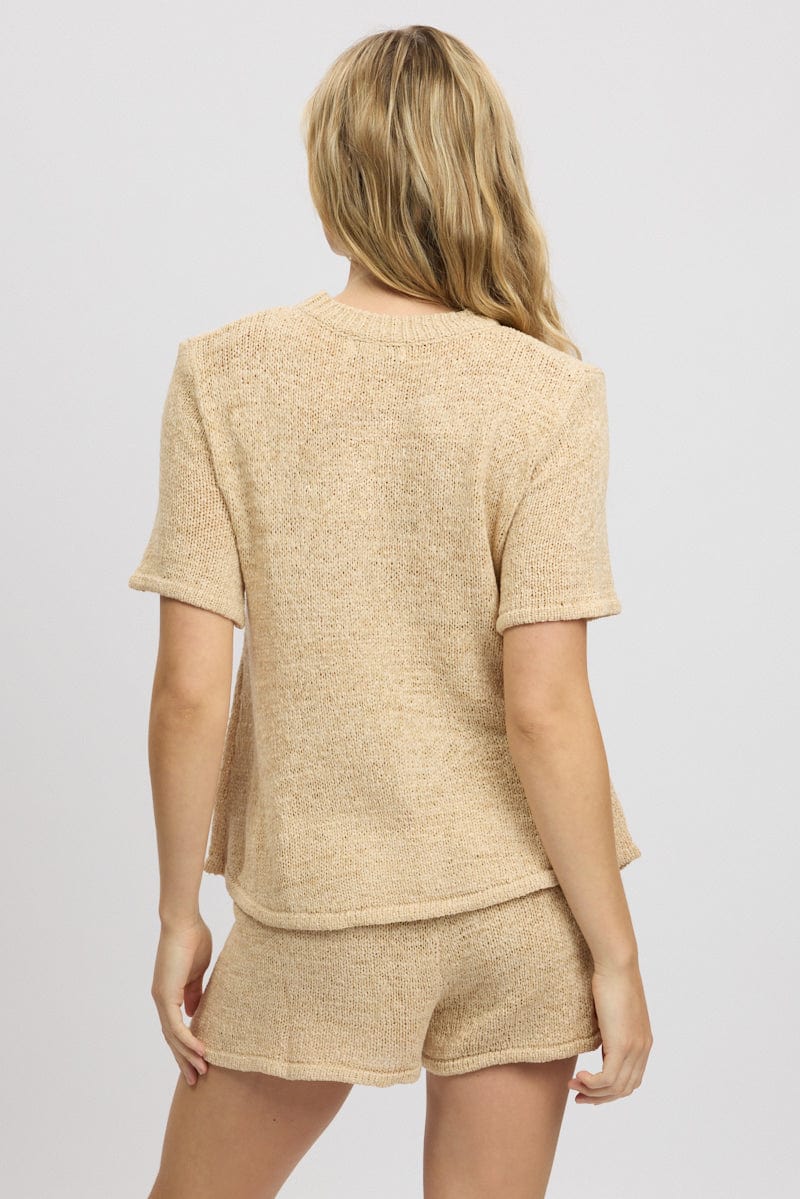 Beige Knit Top Short Sleeve Crew Neck Women's Casual T-Shirt - Perfect for Summer Outfits & Everyday Wear