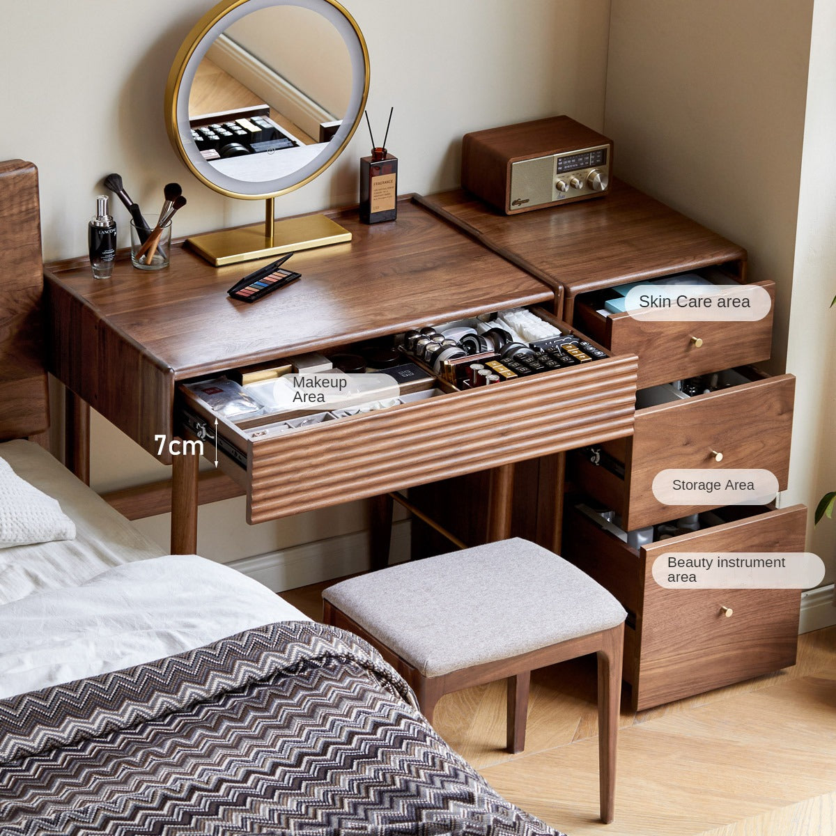 Premium Black Walnut Solid Wood Dressing Table Set with Mirror - Elegant Vanity Desk for Bedroom, Makeup & Beauty Organization