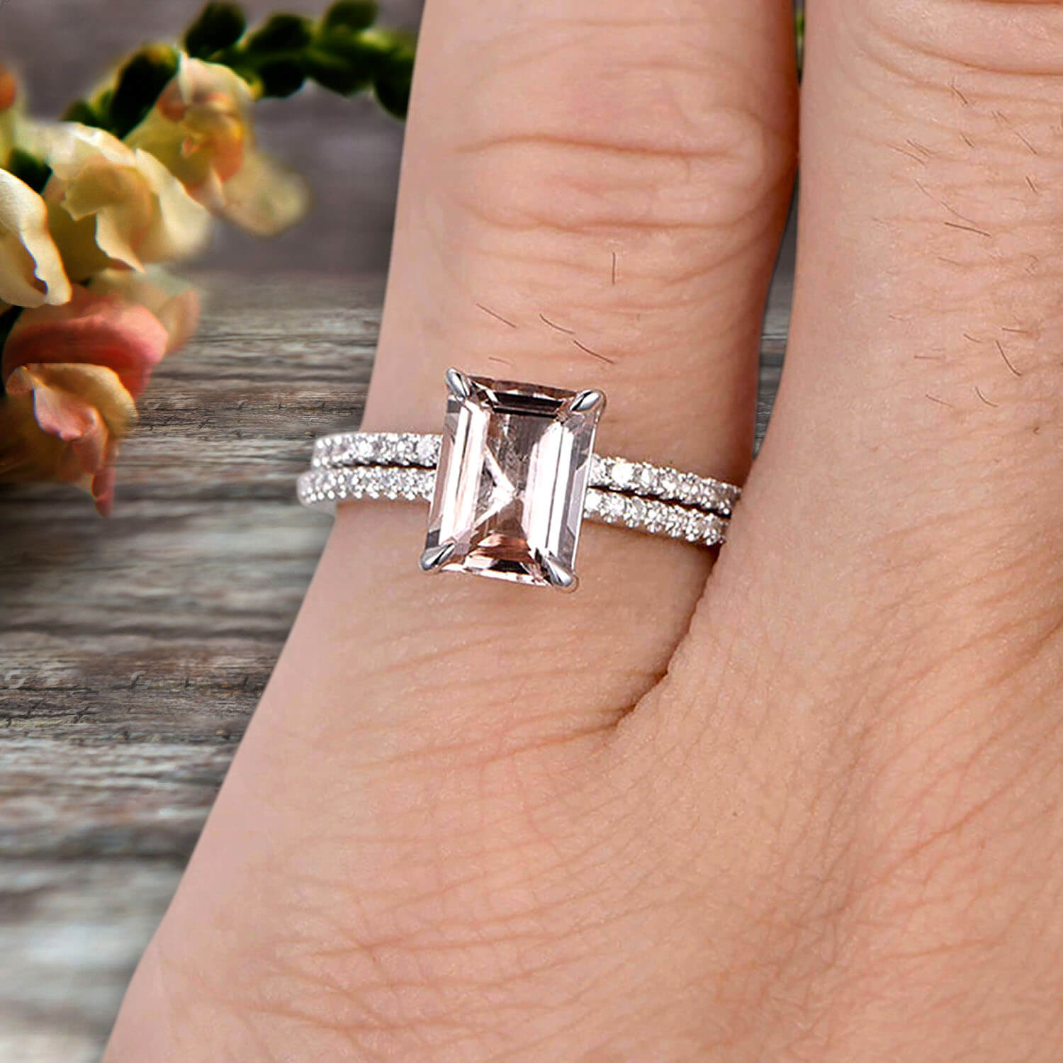 1.50 Carat Morganite Engagement Ring in 10k White Gold, Emerald Cut with Thin Pave Stacking Band - Art Deco Bridal Set for Weddings & Anniversaries