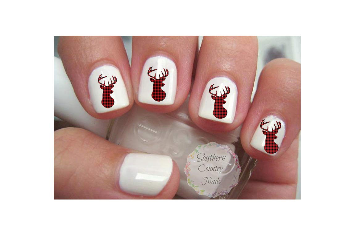 Plaid Deer Head Nail Art Decals - Self-Adhesive Nail Stickers for Christmas & Winter Nail Designs - Perfect for Holiday Parties & Festive Nail Art