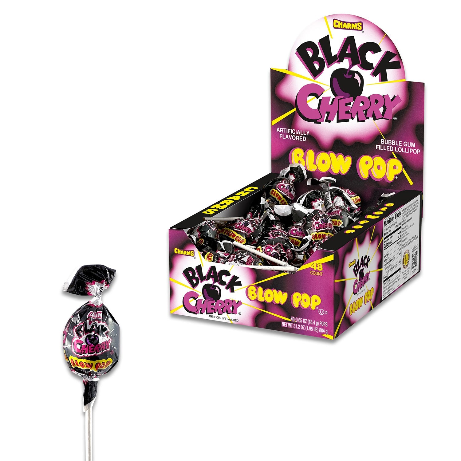 Black Cherry Flavored Charms Blow Pop Lollipops - 48 Count Bulk Box | Perfect for Halloween Candy, Party Favors & Office Treats
