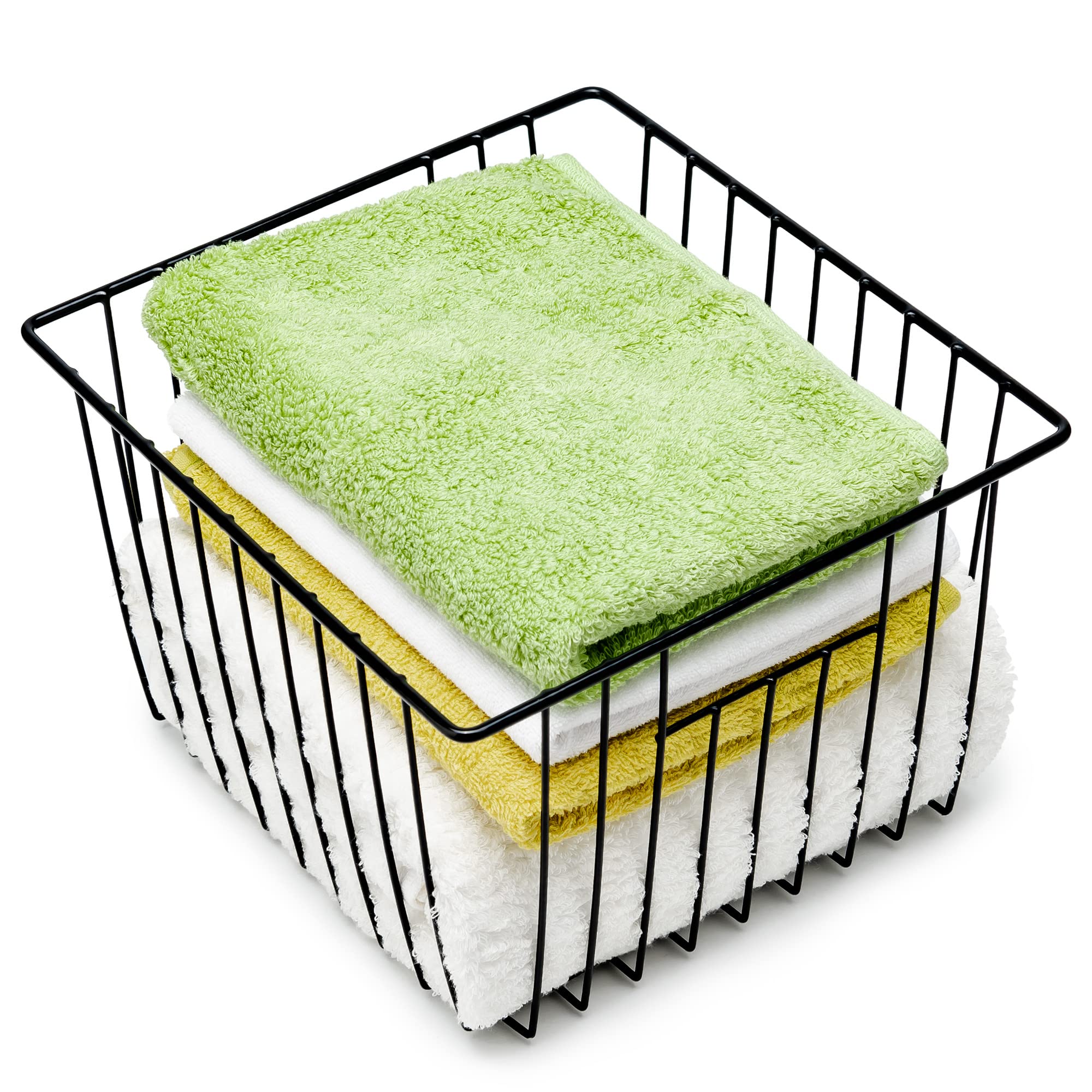 SANNO Freezer Storage Baskets - Set of 4 Black Wire Organizer Bins with Built-in Handles (11