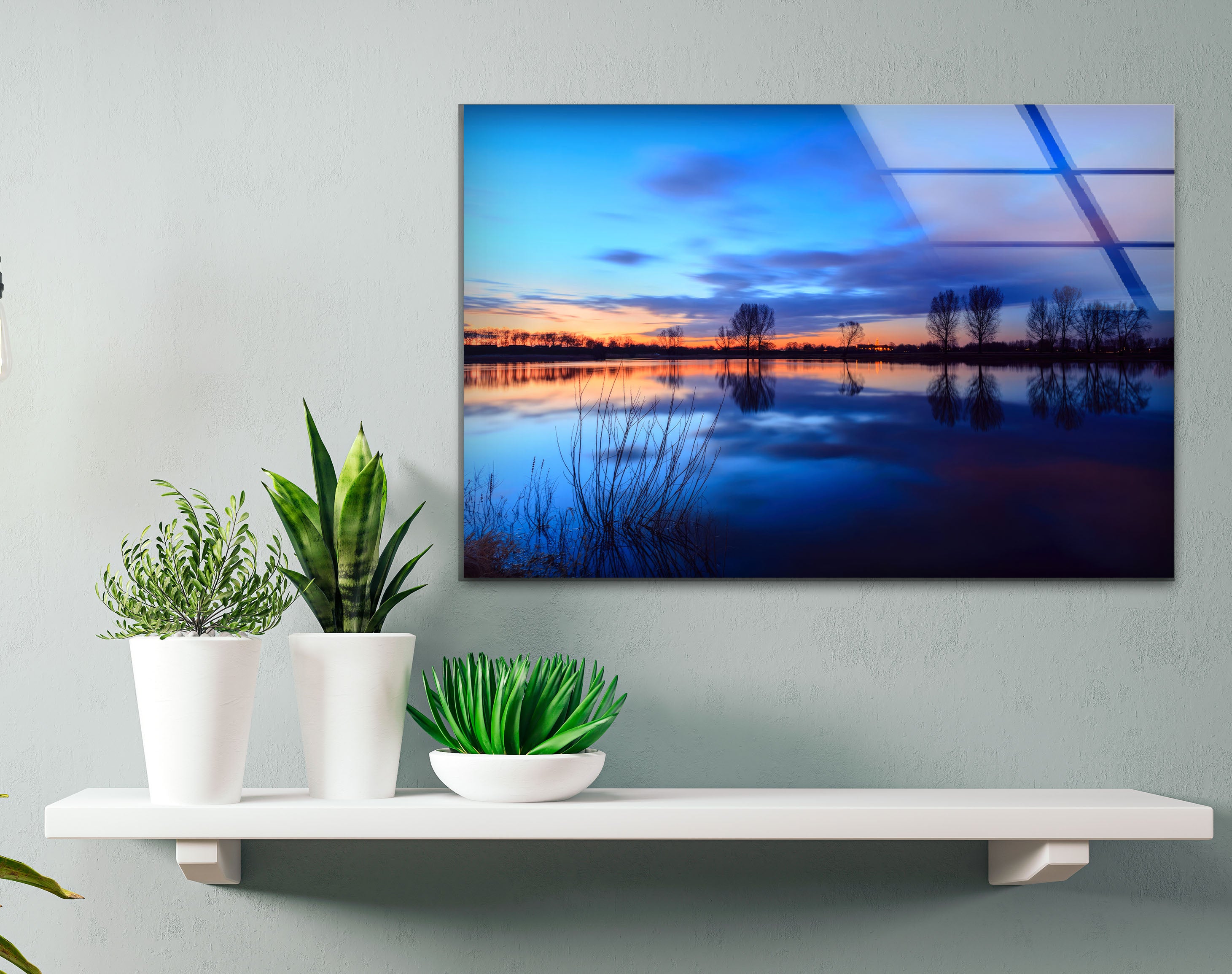 Blue Sunset Lake Wall Art - Serene Landscape Glass Print for Modern Home & Office Decor | Perfect for Living Room, Bedroom & Meditation Spaces