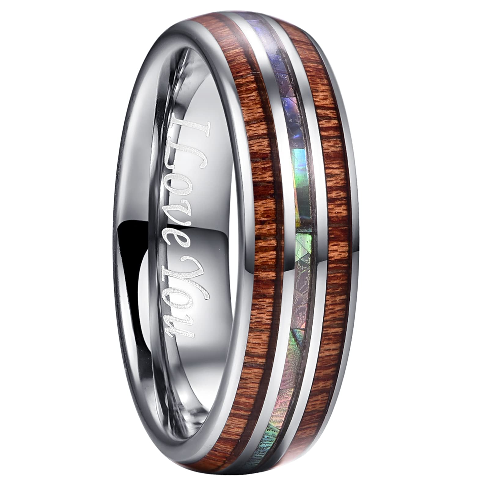 Premium Tungsten Wedding Rings for Men – Wood & Abalone Shell Inlay, Koa Wood Band, Dome Style Promise & Engagement Ring (Size 6-14) – Perfect for Anniversaries, Proposals & Special Occasions