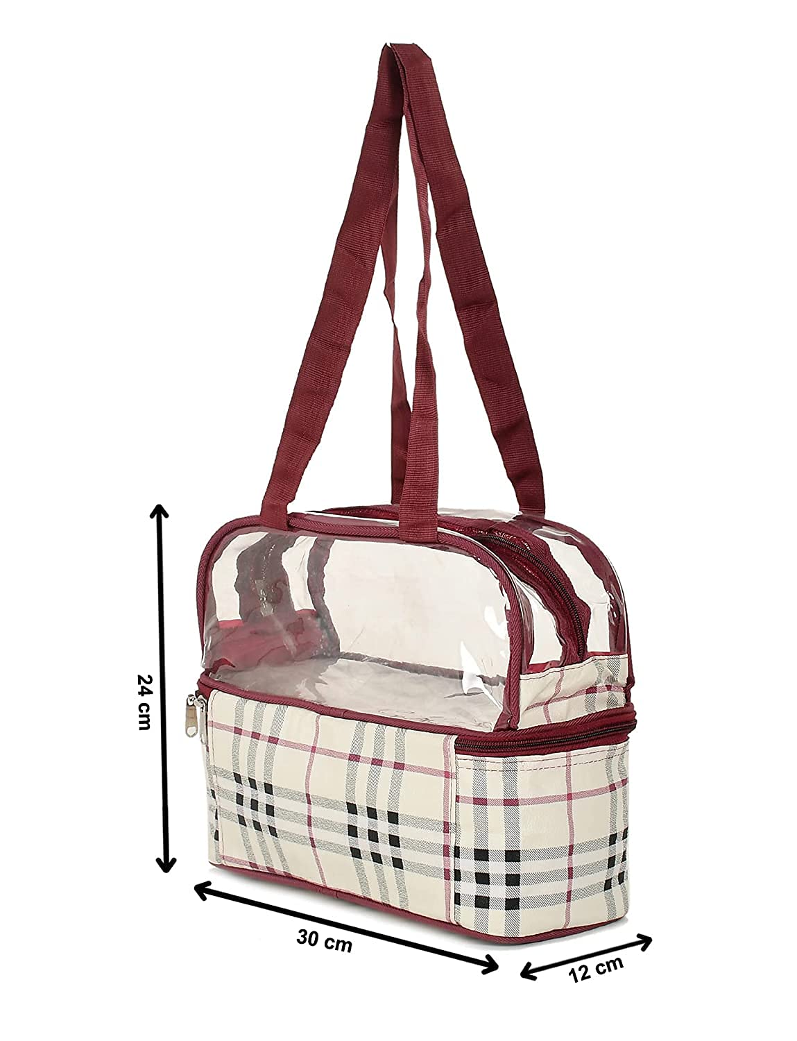 Kuber Industries Double Layer Travel Toiletry Bag & Makeup Organizer for Women - Waterproof Cosmetic Bag with Check Design, Pack of 2 (Maroon) - Perfect for Vacation, Gym, Business Trips & Daily Essentials Storage