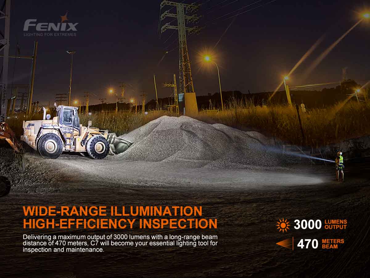 Fenix C7 Rechargeable LED Work Flashlight - 1000 Lumens, IP68 Waterproof, Durable for Construction, Camping, Hiking & Emergency Use