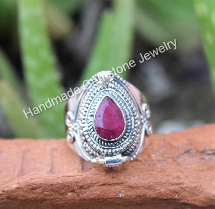 Handmade Poison Box Ring with Red Ruby Gemstone - Unique Teardrop Pear Stone Locket Ring for Gothic Jewelry & Vintage Fashion Accessories
