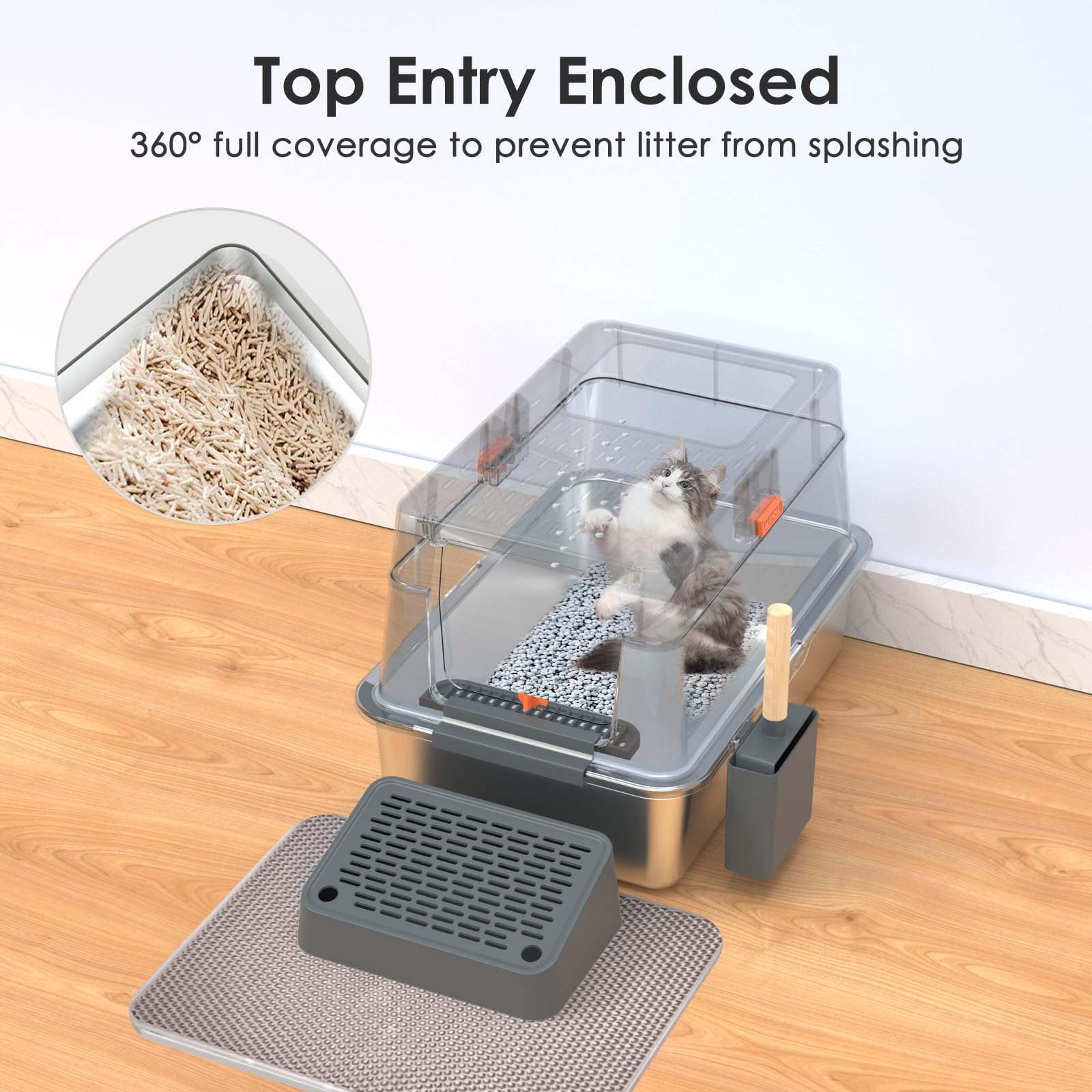 XL Enclosed Stainless Steel Cat Litter Box with Scooper, Footboard & Mat - Odor Control & Privacy for Large Cats (Dark Gray) - Perfect for Small Spaces & Multi-Cat Households