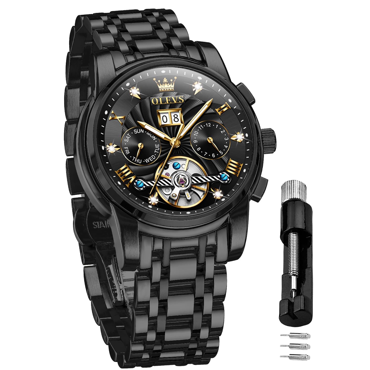 OLEVS Men's Automatic Mechanical Tourbillon Watch - Self Winding Luxury Stainless Steel Waterproof Wristwatch with Luminous Hands & Date Display | Perfect for Business, Formal Events & Everyday Wear