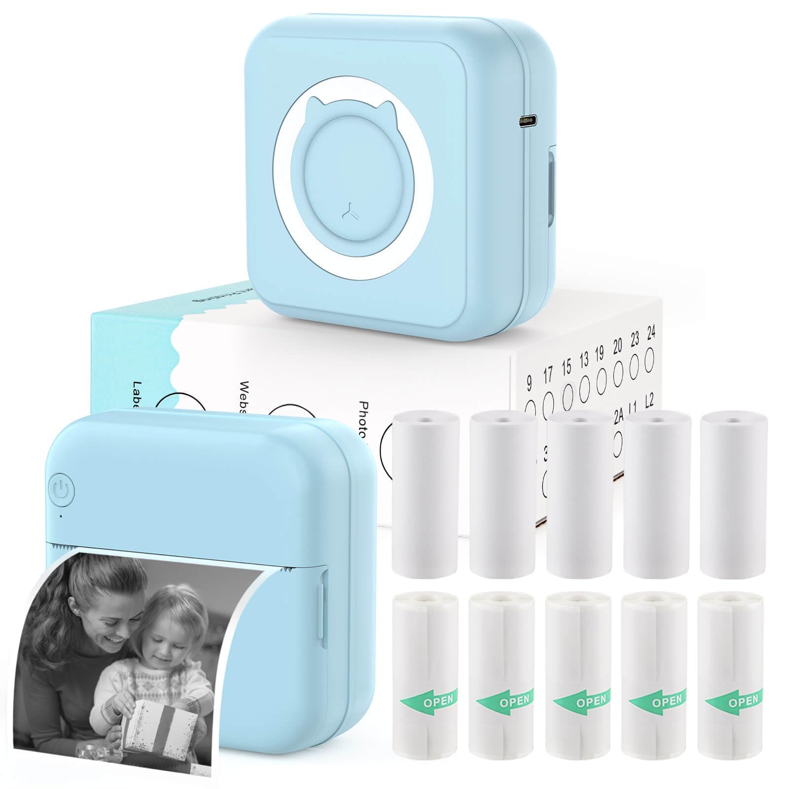 Portable Pocket Printer for iPhone & Android - Wireless Mini Sticker Printer with 10 Thermal Paper Rolls, Bluetooth Thermal Printer for Notes, Journals, Photos & Study | Perfect for School, Office & Travel Organization (Blue)