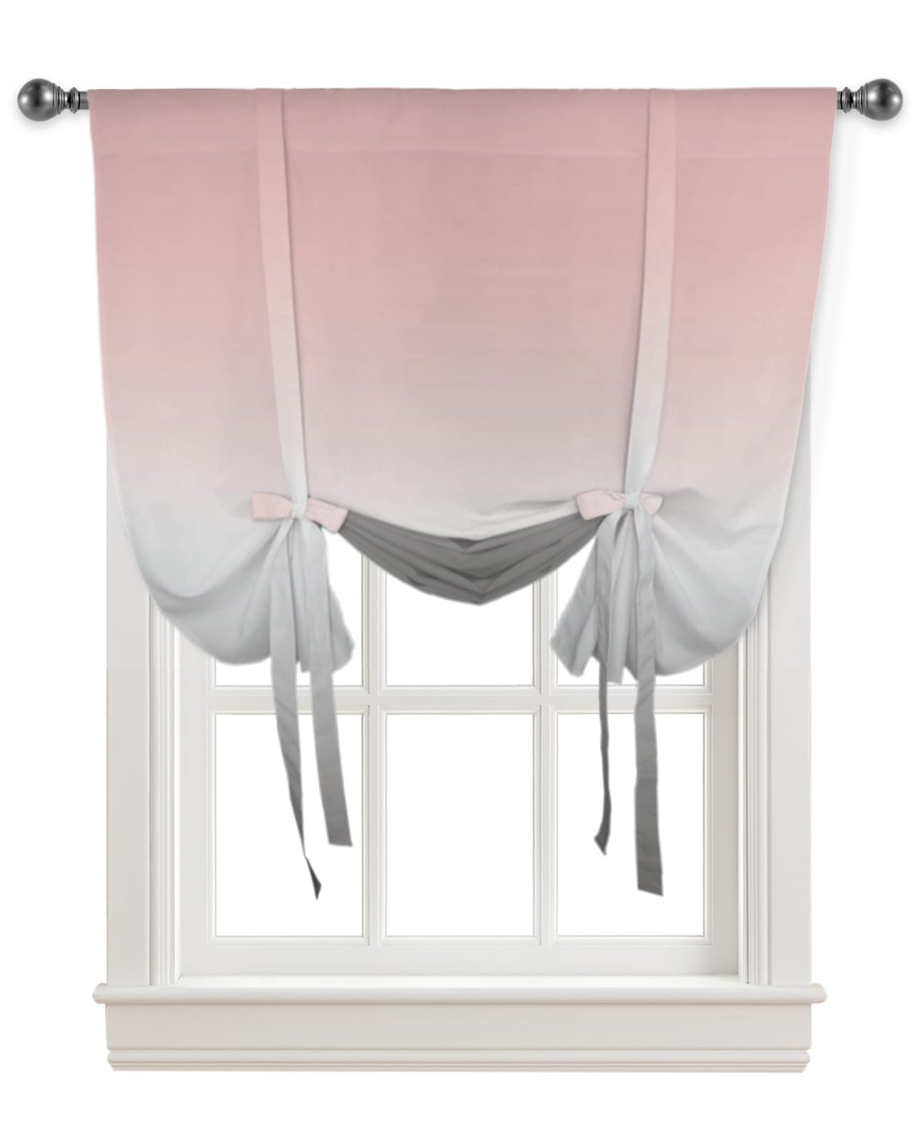 Ombre Pink and Gray Balloon Window Shade Curtain - 42 x 45 Inch Rod Pocket Short Curtain with Adjustable Tie Up for Small Windows - Perfect for Kitchen, Bathroom, and Nursery Decor - 1 Piece