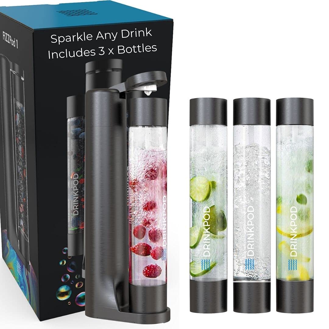FIZZpod Soda Maker Machine - Make Sparkling Water, Juice, Coffee, Tea & Cocktails at Home | Includes 3 Water Bottles, 3 Caps, Carbonator Cap & Manual | Comes with 3 CO2 Cylinders (Black) | Perfect for Kitchen, Office, Parties & Healthy Lifestyle