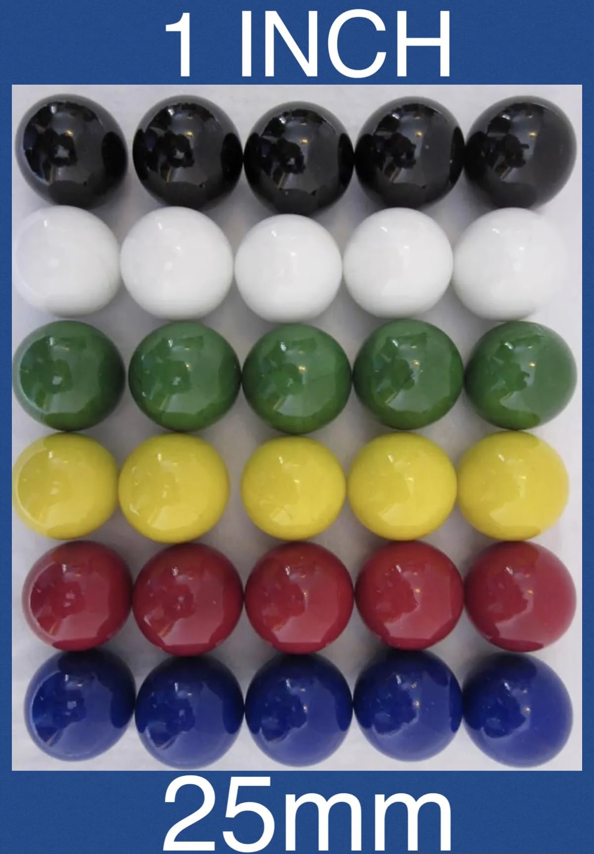 30 Large 1-Inch (25mm) Replacement Solid Glass Marbles - 5 of Each Color for Chinese Checkers, Aggravation, Wahoo, Dirty Marbles Board Games - Perfect for Family Game Nights, Kids Playtime, and Classic Marble Game Fun