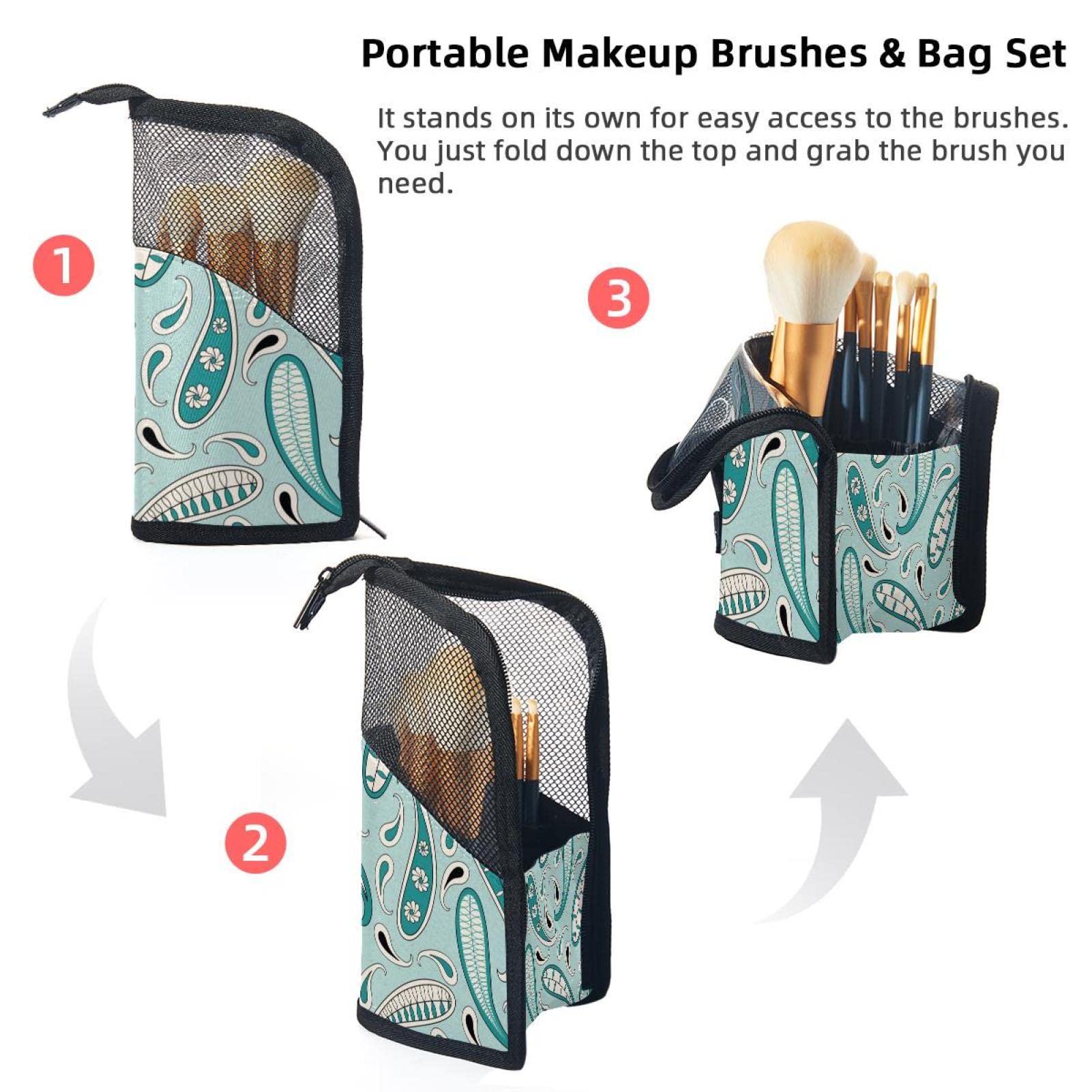 12-Piece Makeup Brush Organizer Bag with Pouch - Green Paisley Floral Design, Portable Travel Cosmetic Brush Holder Case for Professional Artists & Beginners - Perfect for Home, Travel, and Salon Use