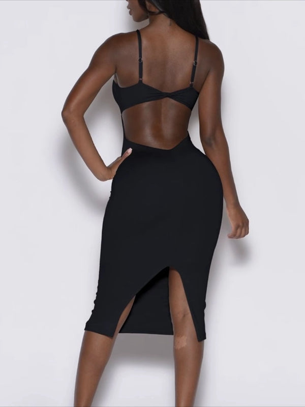 ZASUWA Women's Sexy V-Neck Cutout Backless Split Long Dress for Evening Party, Night Out, Clubwear, and Special Occasions