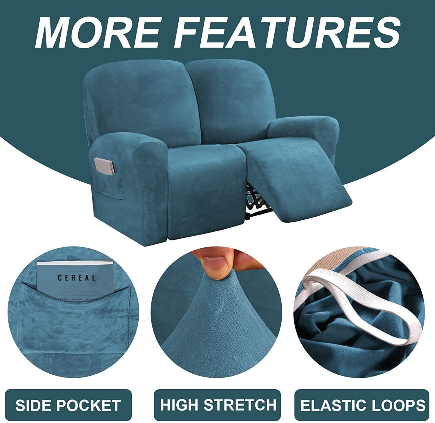 6-Piece Velvet Recliner Sofa Cover Set - Stretchable 2-Seater Loveseat Slipcover with Side Pockets - Soft Furniture Protector for Living Room, Family Room & Home Theater (Peacock Blue) - Perfect for Pets, Kids & Everyday Use