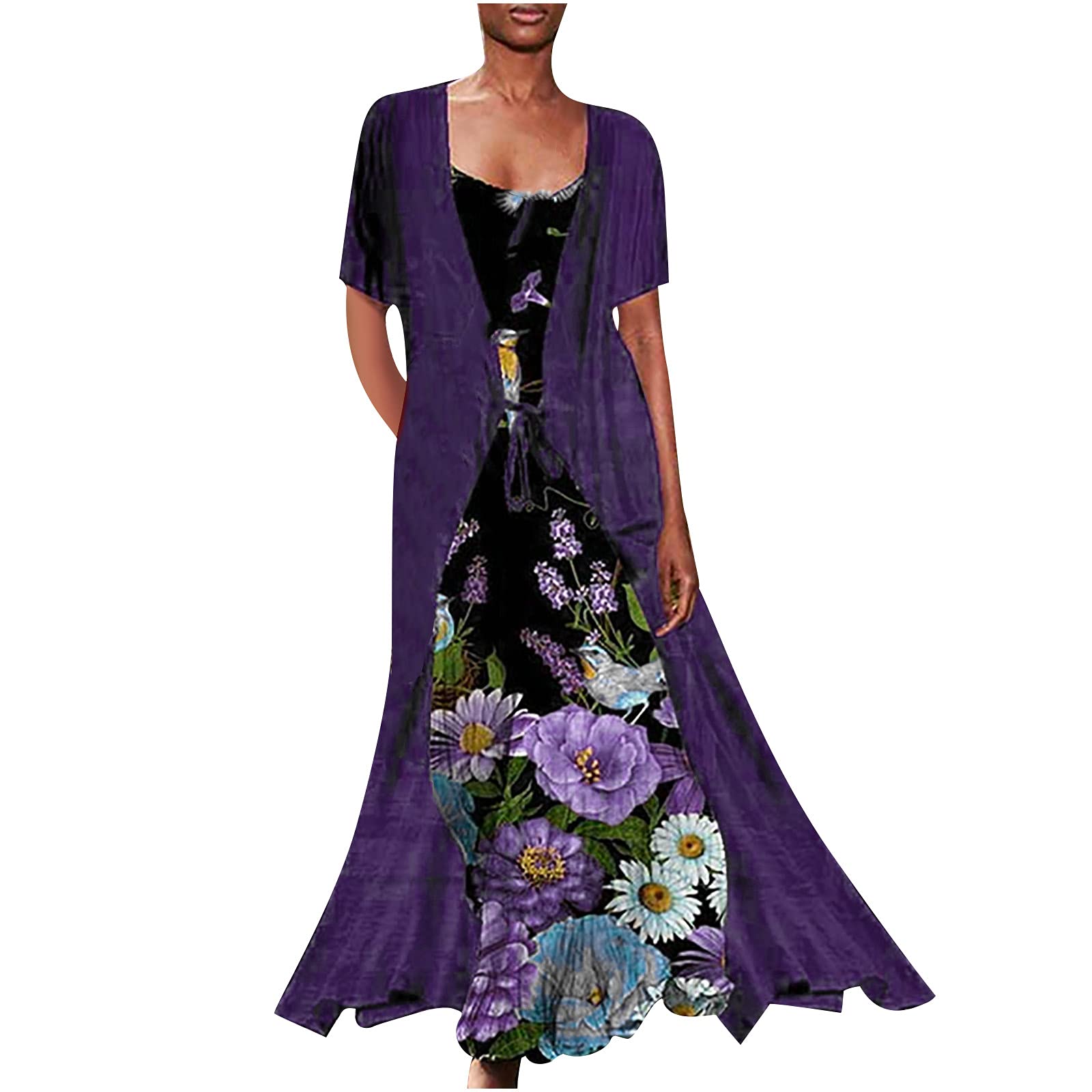 Women's Summer Dresses Flowy Floral Print Two-Piece Set - Chiffon Short Sleeve Cardigan Dress for Wedding Guest, Beach Vacation & Casual Outings