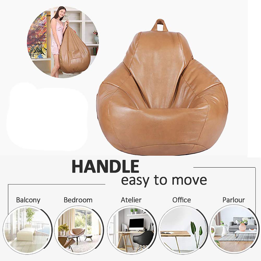 Waterproof PU Leather Bean Bag Chair Cover Without Filling - XL Khaki Gaming Beanbag Slipcover for Indoor & Outdoor Use | Perfect for Kids & Adults in Living Room, Game Room or Patio