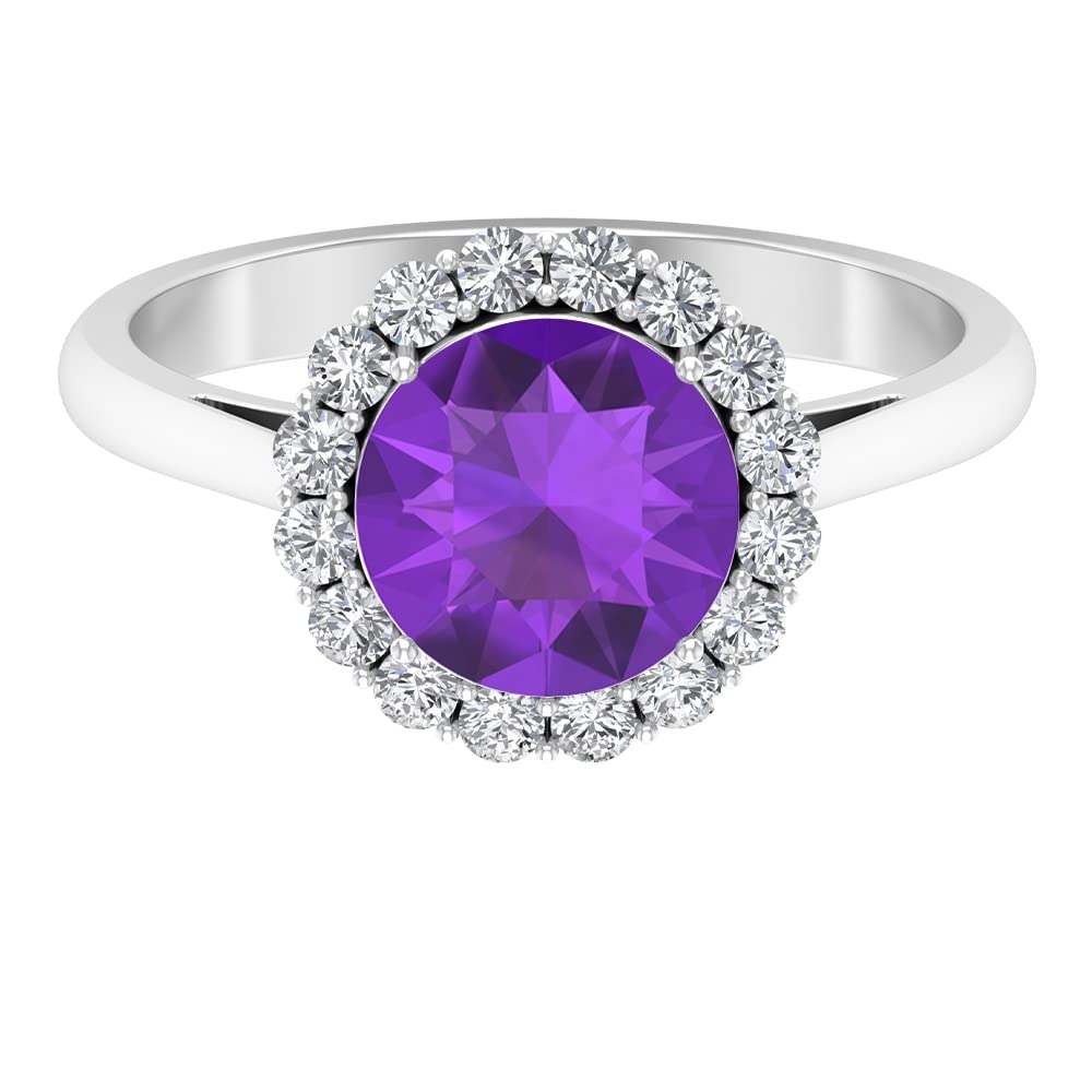 2.50 CT Natural Amethyst & Moissanite Halo Ring - 8.00 MM Round Cut Purple Gemstone Engagement Ring for Women - 14K Solid Gold Wedding Band - Perfect for Proposals, Anniversaries & Special Occasions