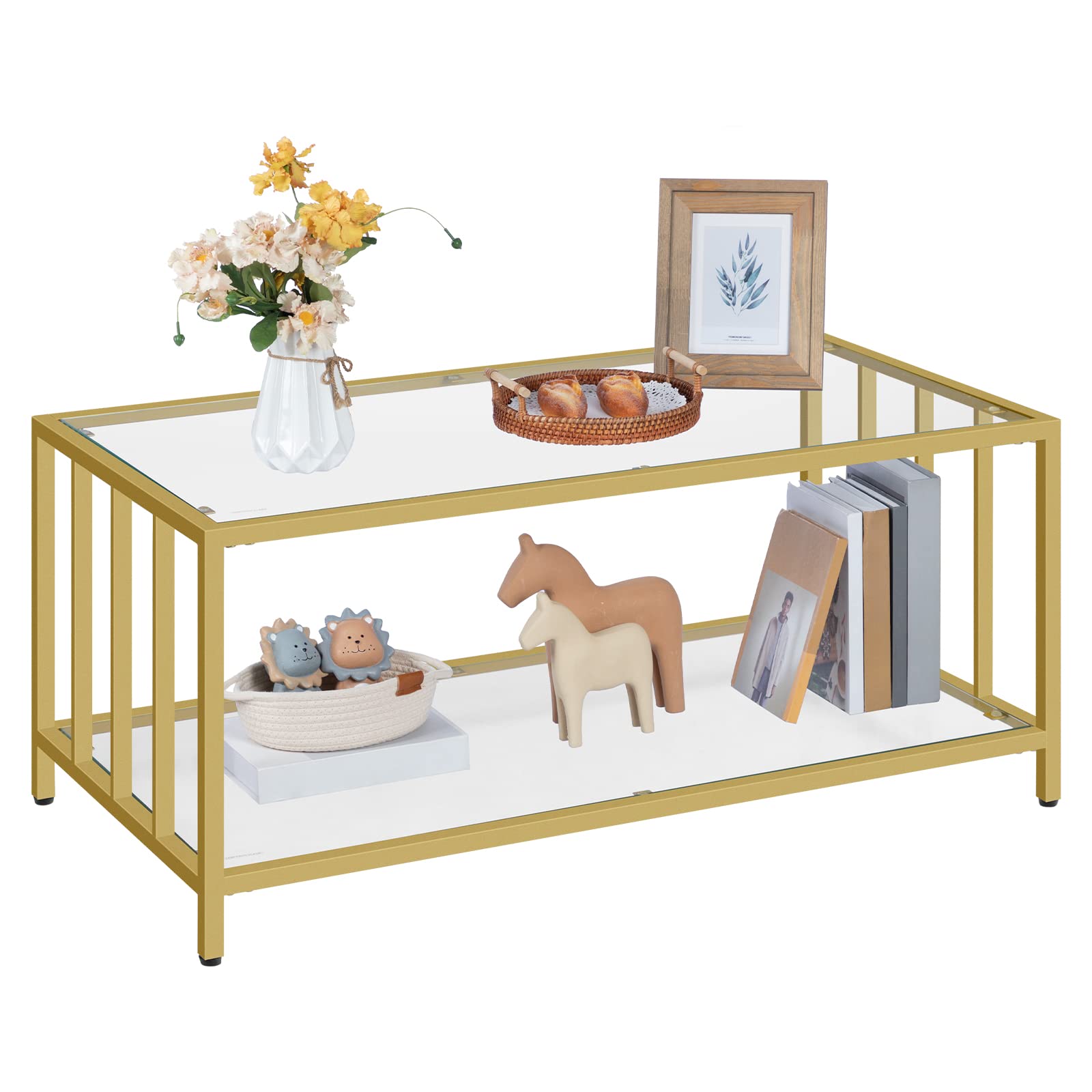HOOBRO 2-Tier Glass Coffee Table with Golden Steel Frame - Modern Living Room Center Table with Open Storage Shelf - Easy Assembly for Home & Office Decor (GD03KF01) - Perfect for Small Spaces, Apartments and Contemporary Interior Design
