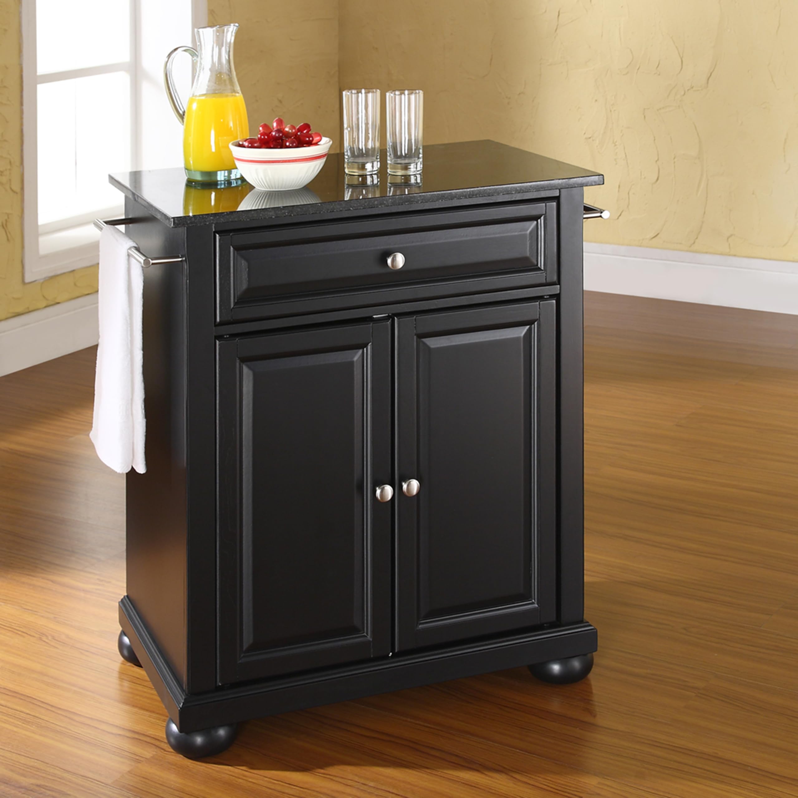 Crosley Alexandria Granite Top Portable Rolling Kitchen Island Cart - Microwave Stand with Storage, Black | Perfect for Small Kitchens, Apartments & Dorm Rooms