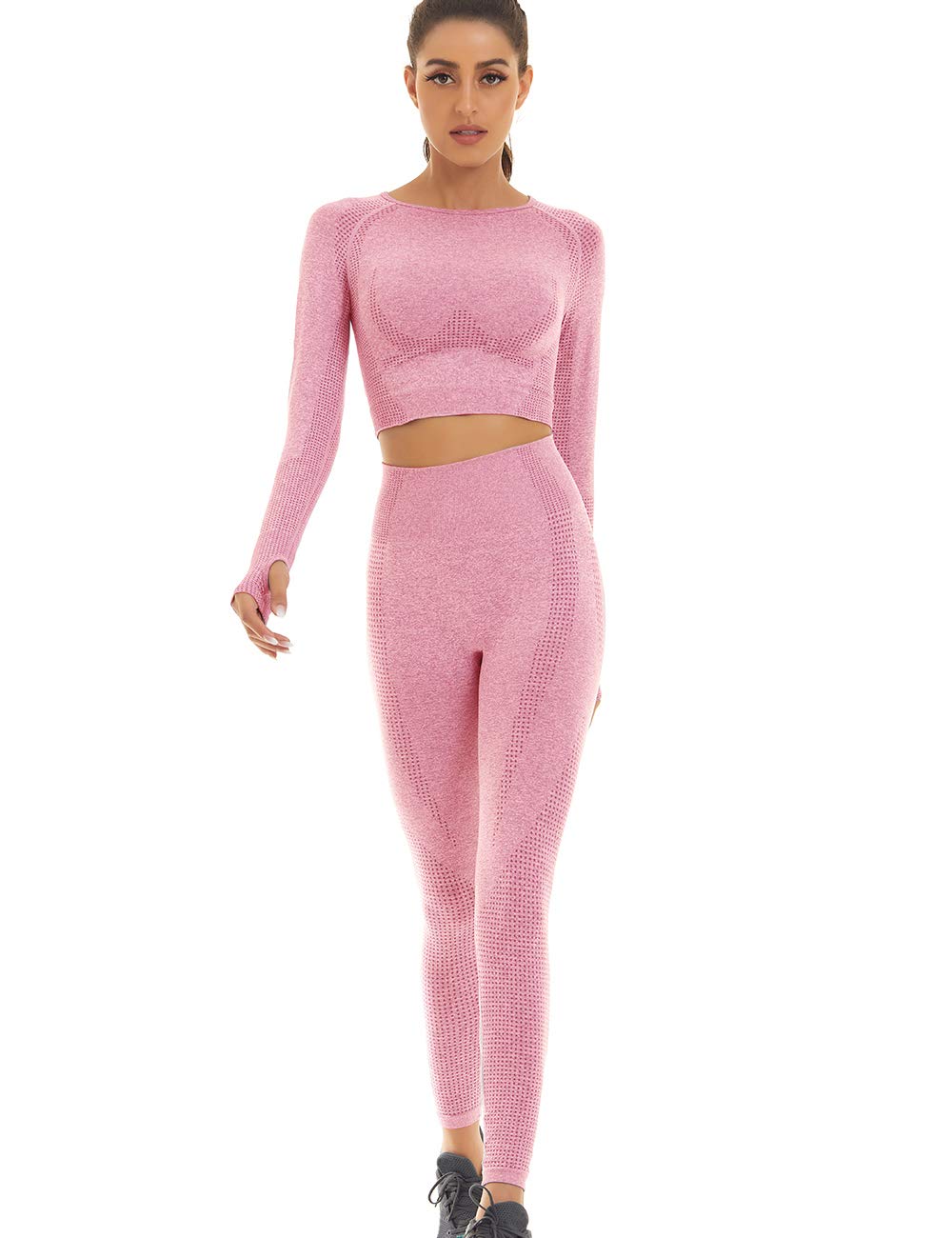 Toplook Women's Seamless Workout Outfits - High Waisted Yoga Leggings & Long Sleeve Athletic Top Set for Gym, Running & Fitness | Moisture Wicking & Comfortable for Yoga, Pilates & Daily Wear