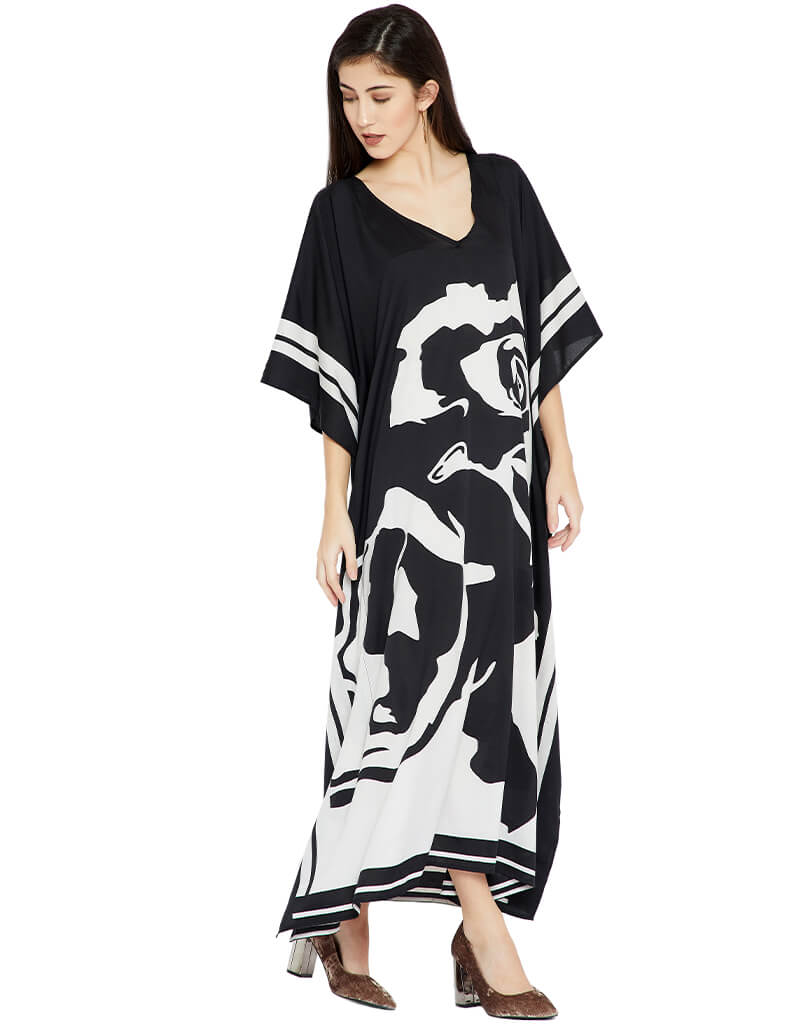 Luxury Black and White Silk Crepe Kaftan Dress - Elegant Flowy Beach Cover Up for Women - Perfect for Vacation, Poolside, and Summer Evenings