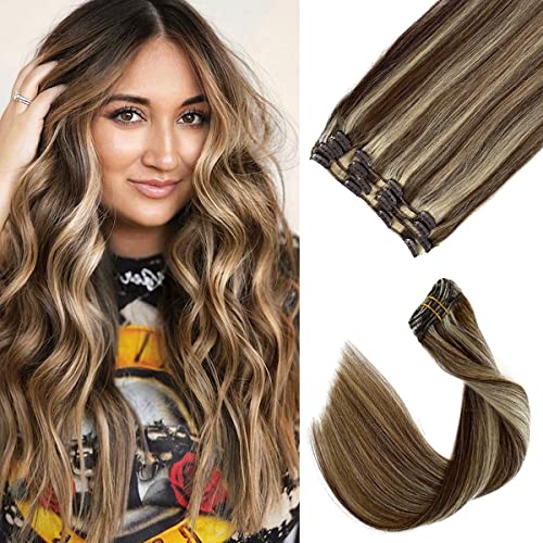 Clip in Hair Extensions 20 Inch - 7 Pcs 70G Double Weft Straight Remy Human Hair Extensions (Chocolate Brown to Blonde Highlights) - 2 Sets for Full Head Coverage | Perfect for Women's Daily Styling, Parties & Special Occasions