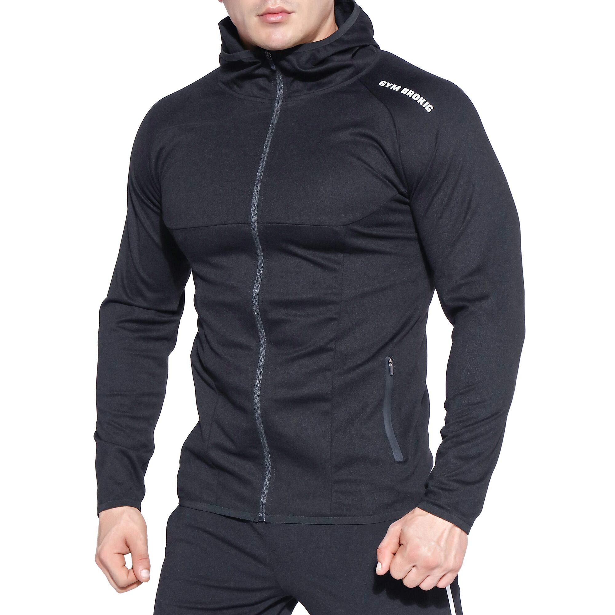 BROKIG Men's Gym Zip Hoodie - Lightweight Running Fitness Hooded Sweatshirt with Zipper Pockets for Workout & Outdoor Activities | Casual Streetwear Style