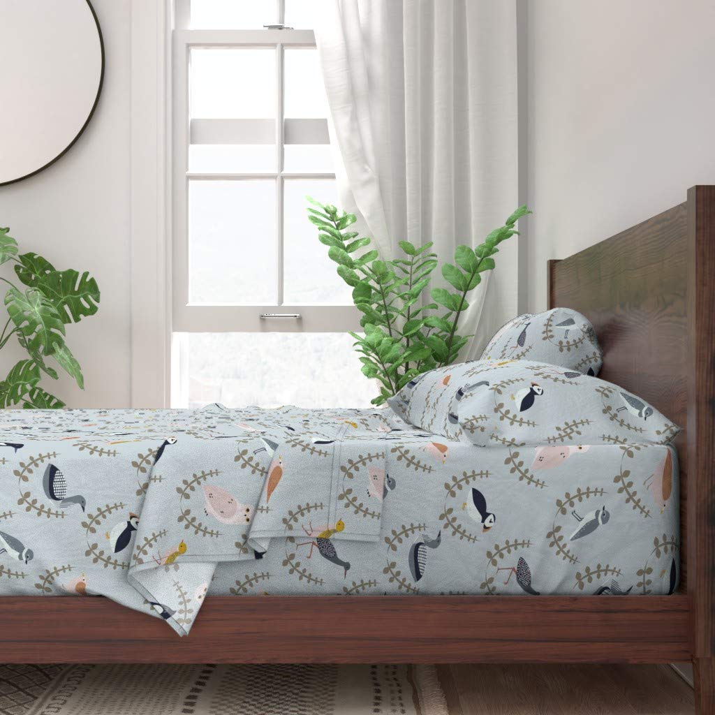 100% Cotton Twin Sheet Set 3pc - Scandinavian Birds & Puffin Owl Arctic Print Gender Neutral Nursery Bedding | Soft Breathable Sheets for Kids Room, Baby Crib & Guest Bed